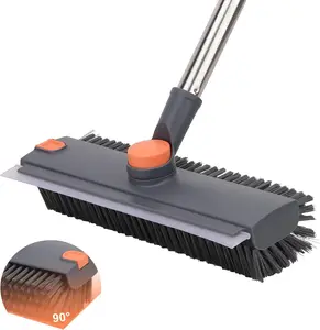 3-in-1 Scrub Brush with Long Handle Floor Scrubber Squeegee Broom Shower Cleaning Brush for Concrete Tile Wall Deck Patio Grey 180° Bristle Full Rotation Adjustable Handle