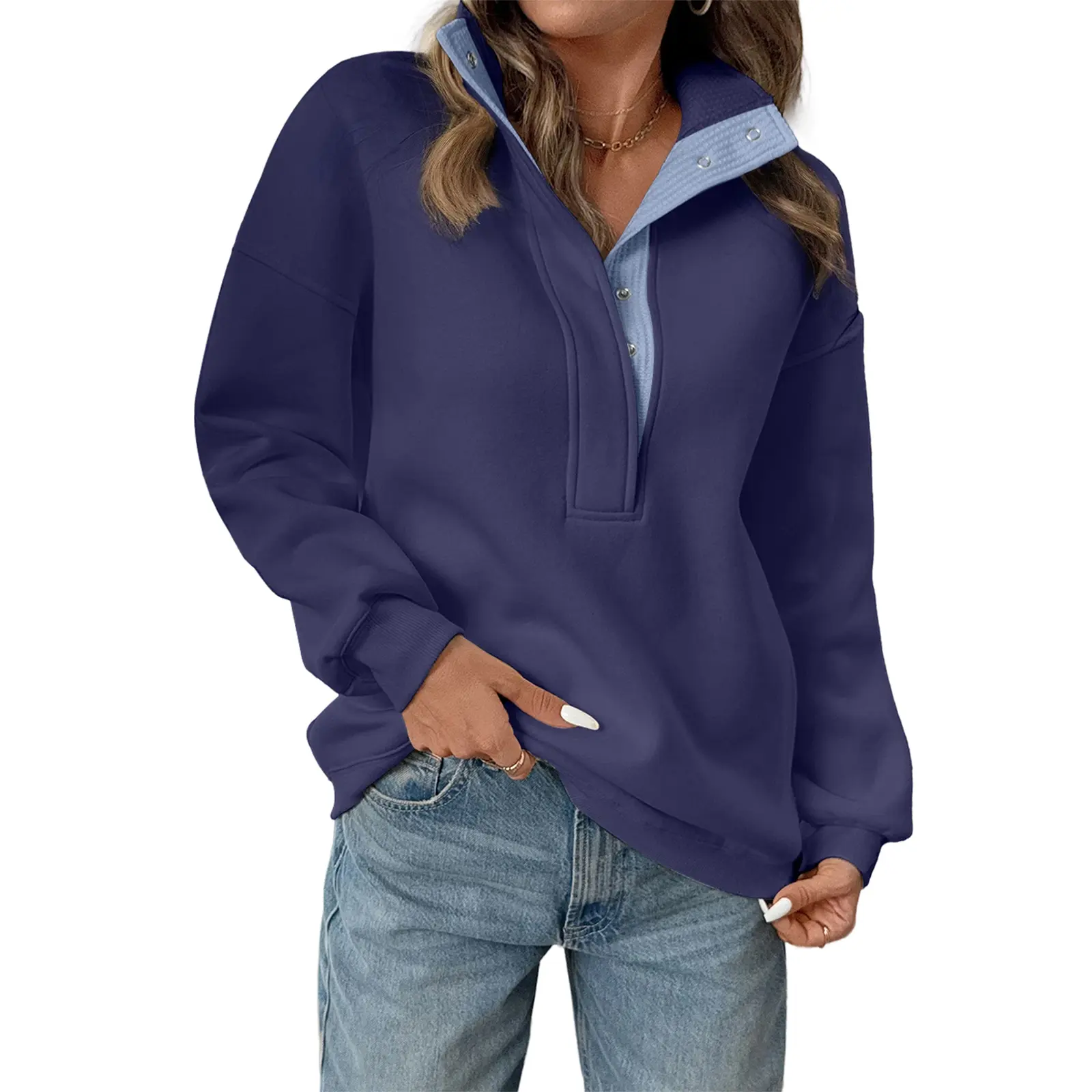 EVALESS Women's Casual Long-Sleeve Baggy Oversized Pullover Sweatshirt, Quarter Button, Lapel Collared, Fleece-Lined, Fall Winter 2025 Womenswear Outfits, Longsleeves, Baggy Oversized Women's Pullover Sweatshirts, Basic, Foldable, Colorblock, Button-Down,