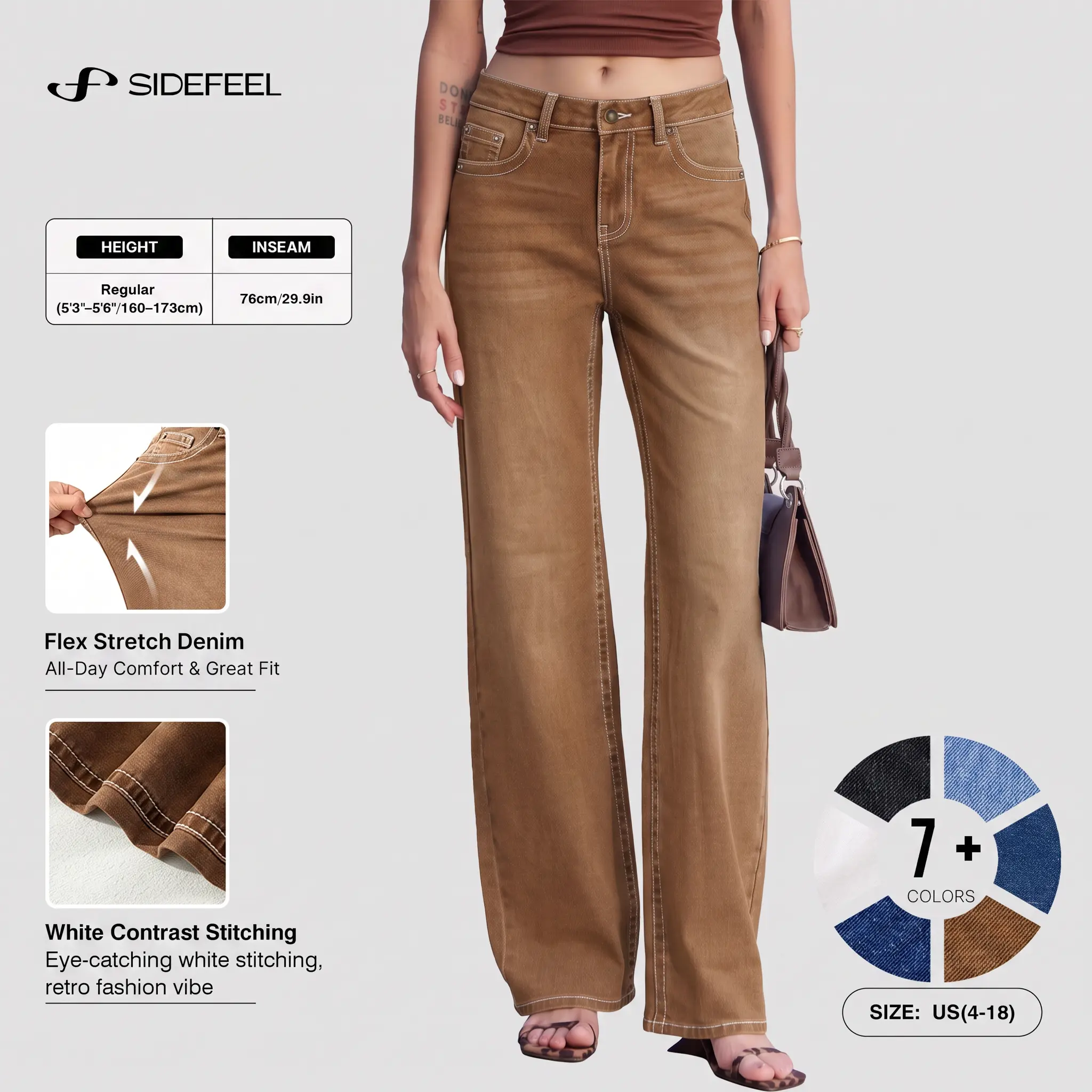 Sidefeel Women's Wide Leg Jeans High Waisted Denim Pants | White Contrast Stitching, 5 Pockets, Flex Stretch Denim Fabric, Retro Fashion Vibe, All Season Casual Wear, Relaxed Fit,Fall Outfit