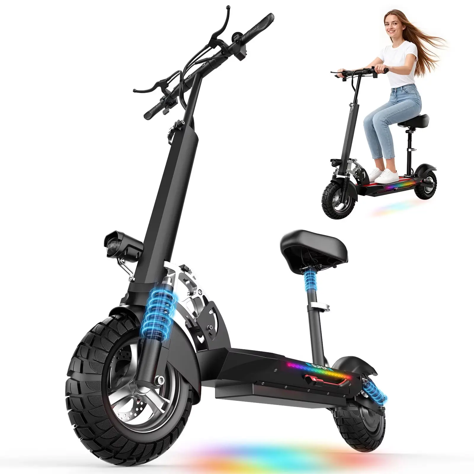 Q2 1200W Peak Off Road Electric Scooter for Adults ,3 speed&27MPH &35Mile Escooter,48V 15AH Electric Scooter With Detachable/Foldable seat, 10''Tire All Terrain，330LBS Capacity，UL2272