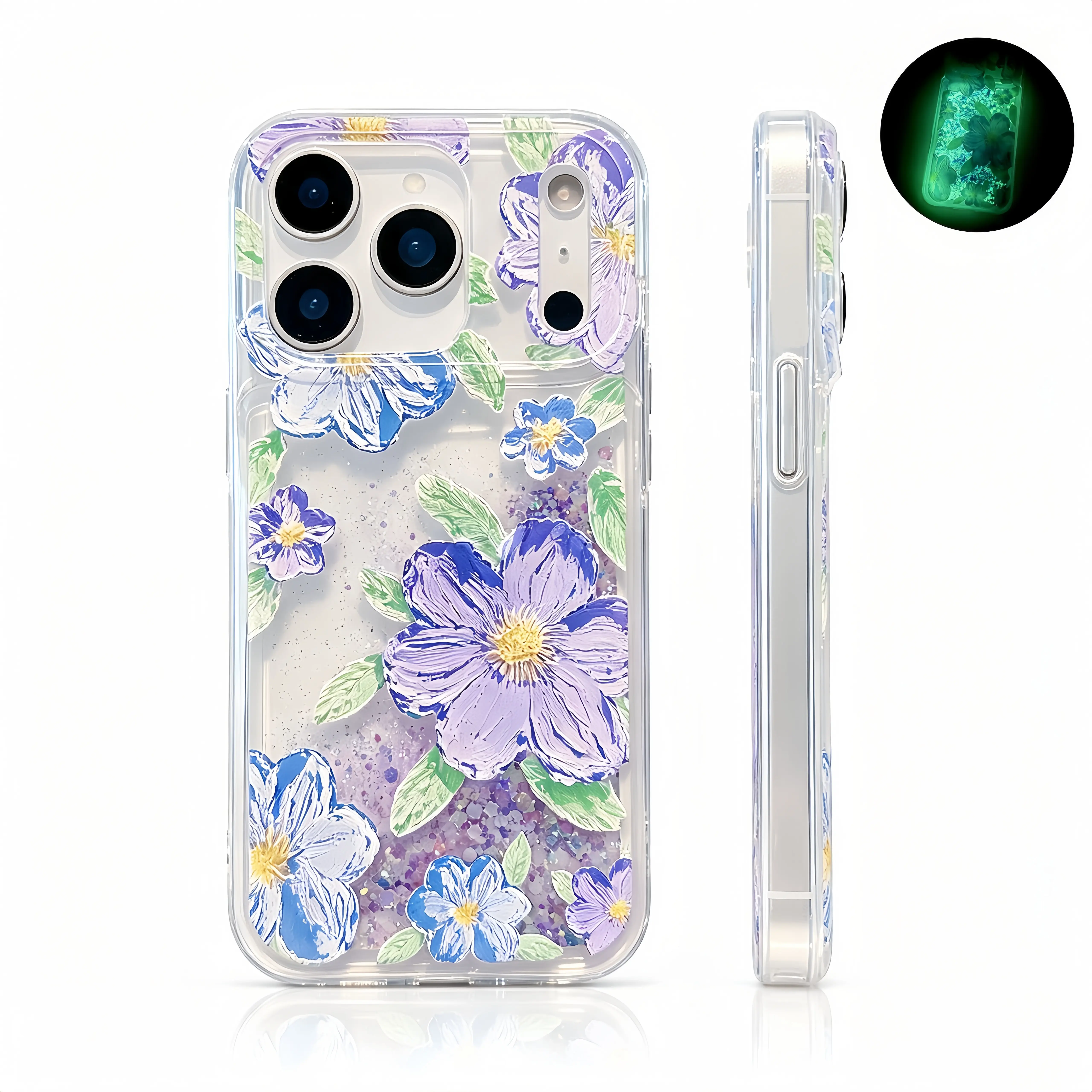 Luminous Flower Phone Case For 17 ProMax Air 16 15 14Plus, Oil Painting Flower Case Glow in The Dark Liquid Fluorescent Floating Waterfall Floral Women Girly Light up Soft TPU Luminous Phone Cover