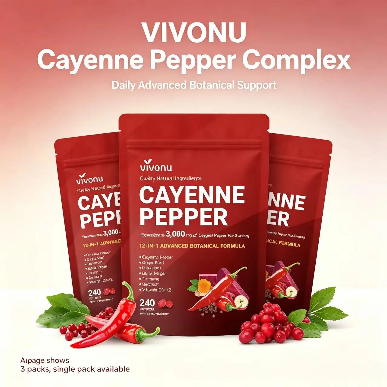 Cayenne Pepper Softgels Supplement, Supports Leg Vein, Heart and Blood Vessel Health, with Vitamin E D3+K2 and Extracts of Grape Seed, Hawthorn, Beetroot and Others (240 Softge /1 Bag)