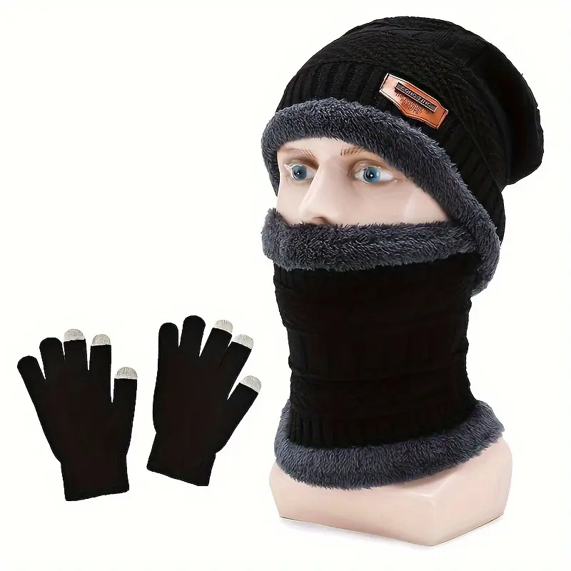 3pcs Winter Warmth Set for Men & Women: Fleece-Lined Beanie with Knit Brim, Cozy Neck Gaiter & Gloves - Stretchy Polyester, Solid Black, Perfect for Cold Weather Outdoor Activities, Winter Clothes