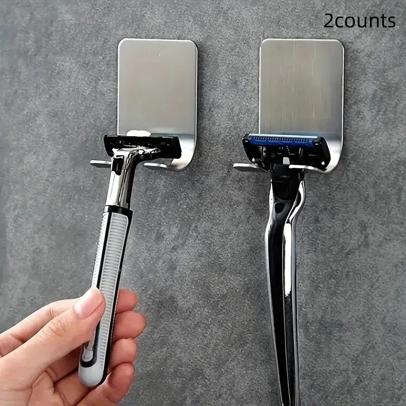 2 Pack No-Drill Shaving Razor Holder Rack, Men's Bathroom Wall-Mounted Hook Organizer, Essential Bath Accessories for Grooming Essentials, Bathroom Organizing Accessories, Stainless Steel Hooks For Walls No Damage