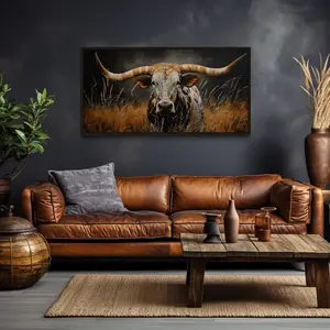 Texas Longhorn Steer In Grass Dark Brown Painting  Print,Farmhouse Wall Art, Cow Rustic Wall Art(Poster only frameless)