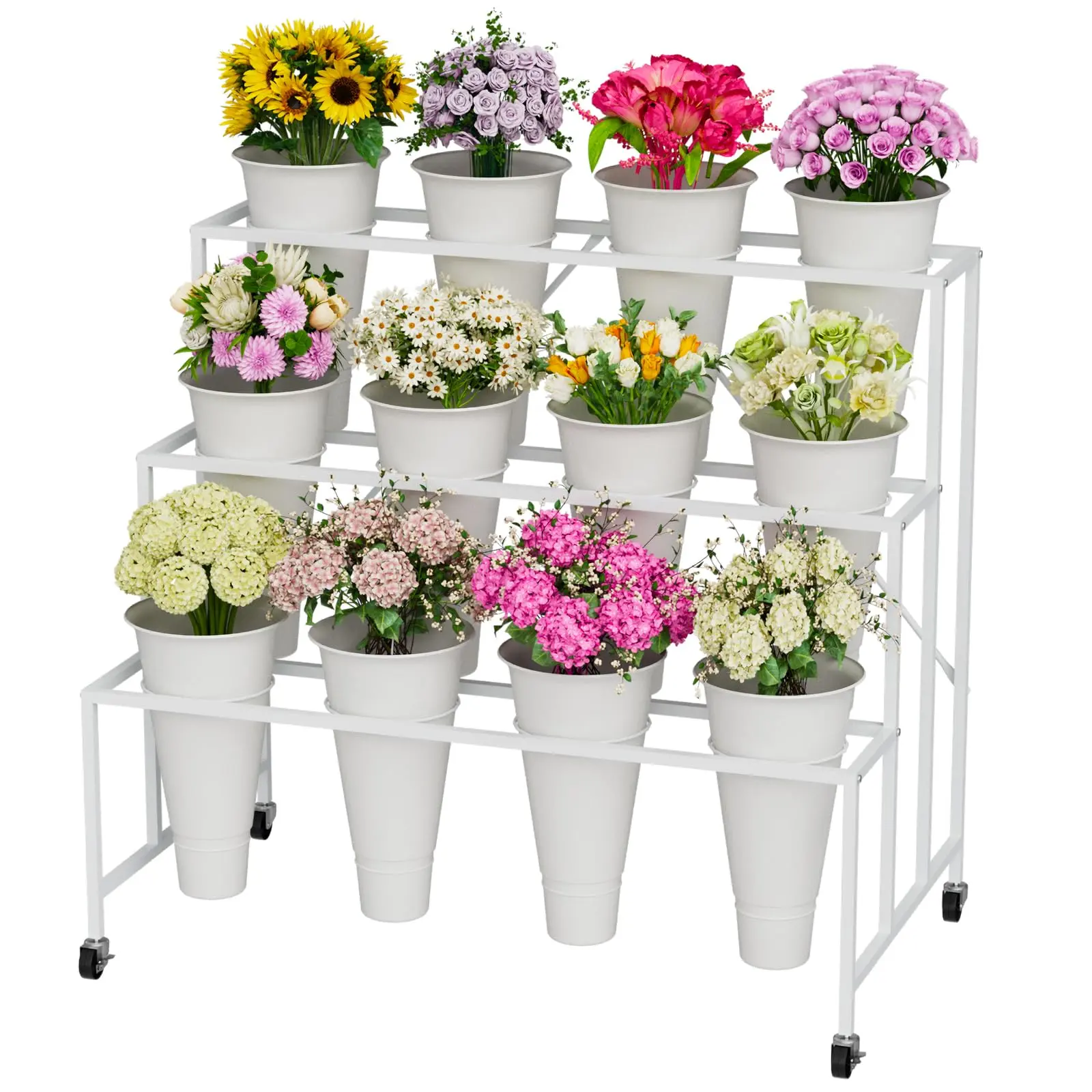 Flower Stand, 3-Tier Flower Display Stand with Buckets for Indoor Outdoor, Flower Cart Display Stand with Wheels for Courtyard, Balcony, Flower Shop, Wedding, Party, Exhibition, White
