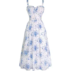 Scarlet Darkness Summer Dresses for Women 2026 Floral Corset Dress Long Milkmaid Dress with Pocket