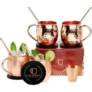 Mule Science Moscow Mule Copper Mugs  Set of 4 (19 oz) - Handcrafted Hammered Copper Cups, -Safe & Tarnish-Resistant - Includes Straws, Coasters & Shot Glass