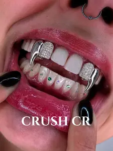 CRUSH CR Halloween Vampire Fang Grillz Set, Gold/Silver Plated Iced-Out Teeth Caps, Spooky Gothic Dental Jewelry for Men & Women, Perfect for Costume Parties, Cosplay Events and Dark Night Styling