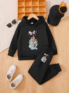 Girls' Trendy Cartoon Fall Winter Set, Elsa and Anna Princess Hoodie, Mickey Castle Design, Casual Fitted Pants, Windproof Gift, Casual Outfit Set