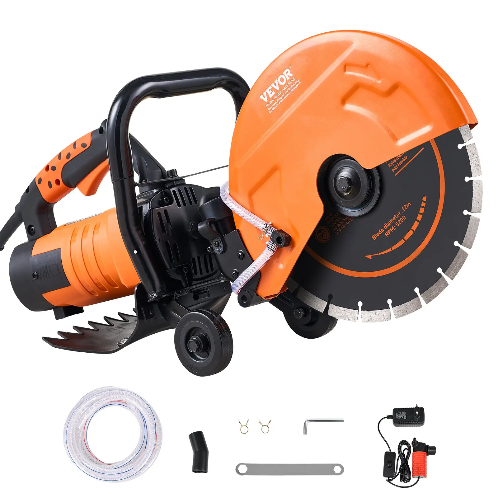 VEVOR 12 Inch Electric Concrete Saw, 1800 W 15A Pure Copper Motor Circular Cutter, 4.5 in Adjustable Max Cutting Depth, Wet Disk Saw with Water Line, Pump & Blade for Granite, Masonry, Stone, Brick