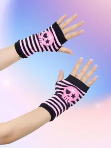 Women's Punk Style Skull Patched Design Gloves, Fashionable Striped Pattern Gloves for Fall & Winter, Casual Trendy Accessories for Daily Life, Halloween, Fingerless, Skeleton Glove