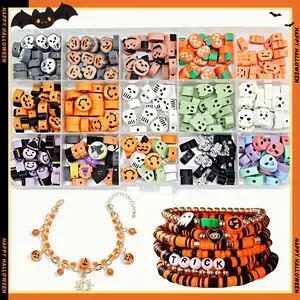 300pcs Halloween Clay Bead Set - 15 different styles of soft air-drying clay craft beads, featuring skulls, mummies, pumpkins, bats, witch hats and spiders | DIY jewelry making, friendship bracelets, necklaces and earrings | Vivid colors, durable and safe