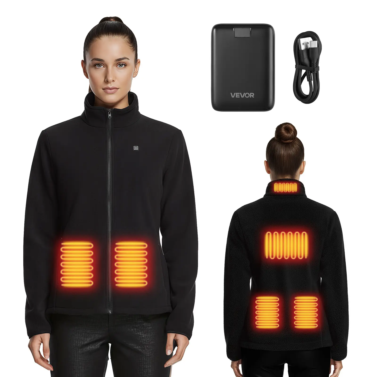 VEVOR Women's Smooth Full Length Heated Thermal Fleece Coat - Long Sleeves, Lightweight Loose Fit Zipper Hoodie with Pocket, 7.4V 16000mAh Rechargeable Power Bank, 6 Heating Zones, 3 Adjustable Temp Levels, 3h/6h/10h Warmth, for Outdoor Biking, Black, Swe