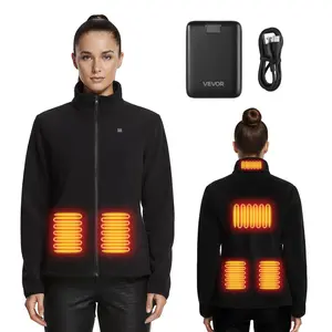 VEVOR Women's Comfortable Long Sleeves Heated Thermal Fleece Jacket - Tops & Coats, Lightweight Loose Fit Zipper Hoodie, 7.4V 16000mAh Rechargeable Power Bank, 6 Heating Zones, 3 Adjustable Temp Levels, 3h/6h/10h Warmth, Winter Outdoor Camping, Black