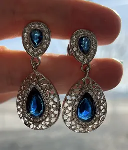 PAIR of Unique Crystal Paved Blue CZ Teardrop Gems w/ Filigree Dangle Screw Fit Tunnels/Plugs - Gauges 0g (8mm) thru 5/8" (16mm)