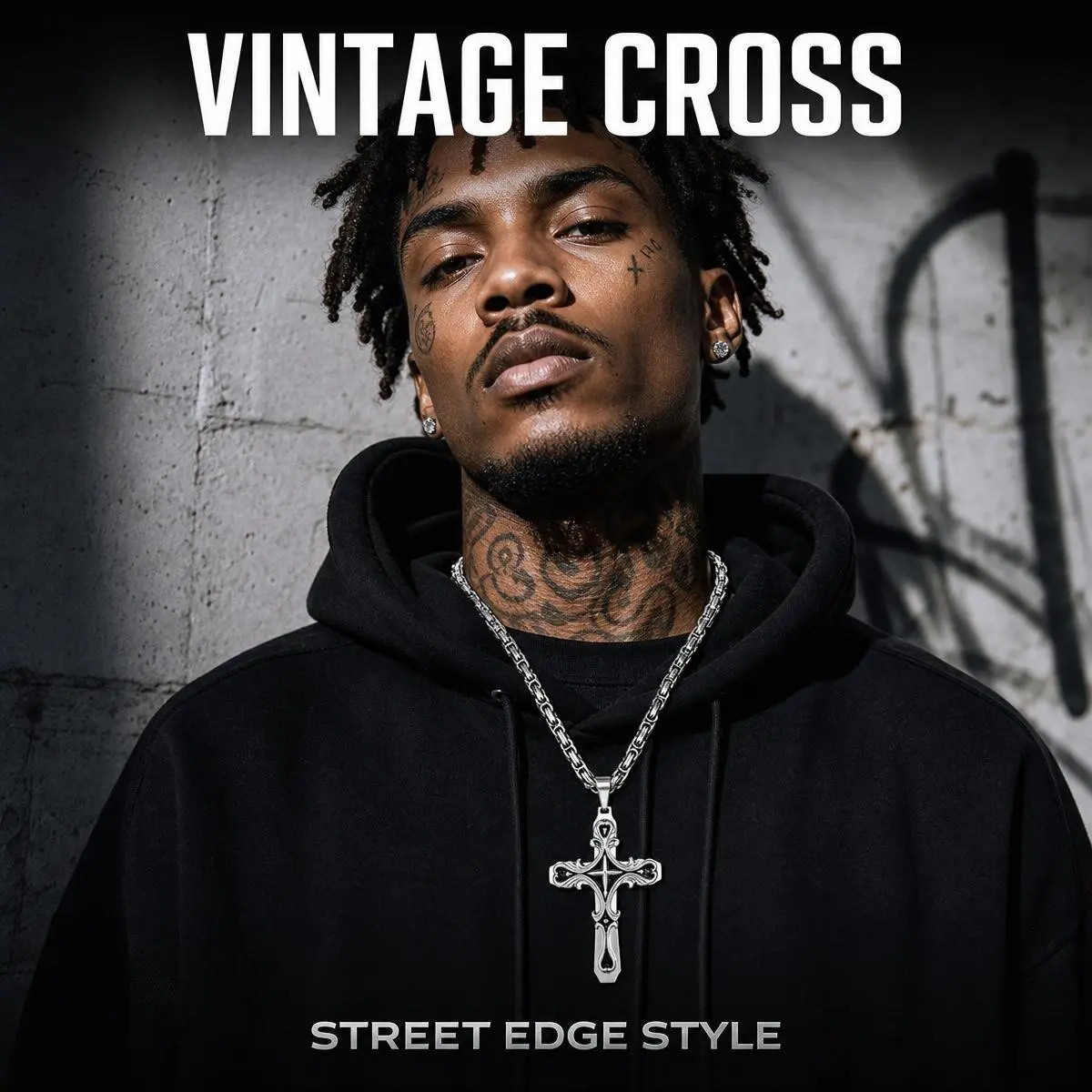 Men's Vintage Hollow Floral Carve Cross Necklace, 55cm Polished 316 Titanium Steel Byzantine Link Chain, 2-Tone Black Silver Gothic Edge Streetwear Outfits Jewelry, Waterproof Hypoallergenic Religious Gift for Him
