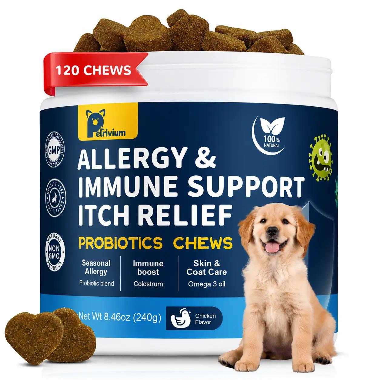 【Upgraded Formula】Petrivium Allergy&Immune support chews for Dogs,JUMBO SIZE-120ct Chicken Flavor,Topper with Probiotic,Itching Skin and Ears Relief,with Colostrum Fish Oil to Boost Immune&promote Gut Health,Excessive Paw Licking-#Summervibes#petlovers su