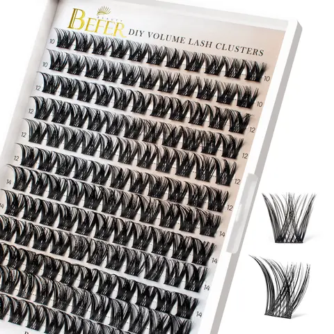 BEFER D-Curl Doll Eyes Cluster Lashes Kit, 132 Pcs 10-16MM Fluffy Wispy Individual Eyelashes Extensions with Lash Glue for Adults’ DIY At-Home Makeup (FD806)