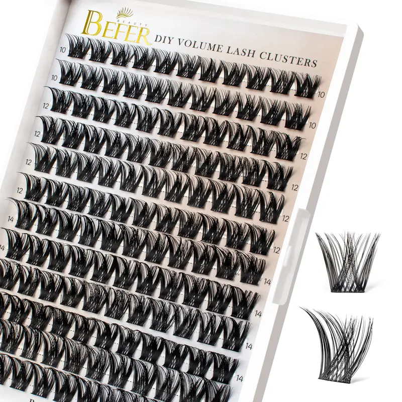 BEFER D-Curl Doll Eyes Cluster Lashes Kit, 132 Pcs 10-16MM Fluffy Wispy Individual Eyelashes Extensions with Lash Glue for Adults’ DIY At-Home Makeup (FD806)