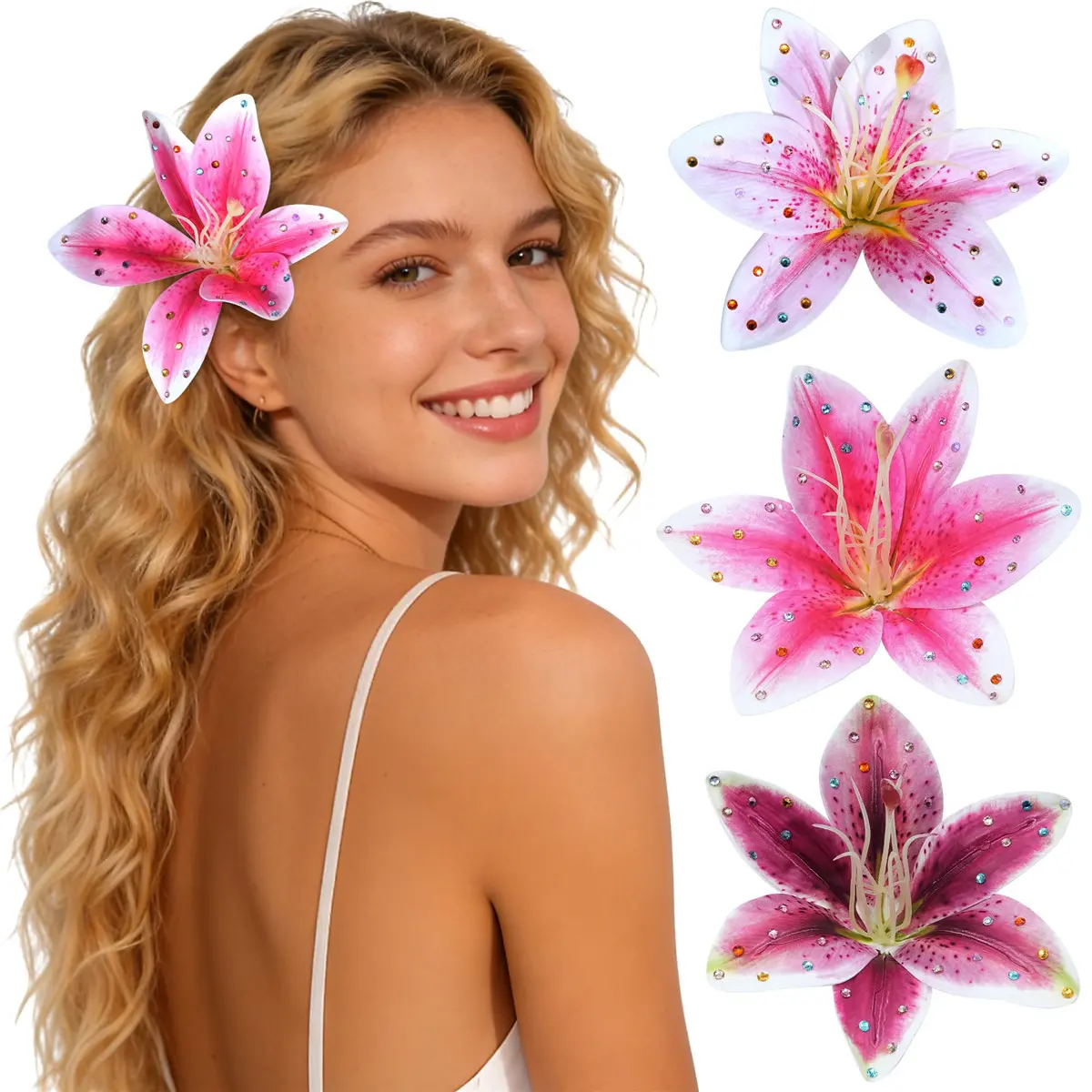 3 Pack Hawaiian Flower Hair Clips Artificial Tropical Flower Orchid Hair Pin | Rhinestone Hairpins Hair Accessories for Wedding Bridal Beach Party