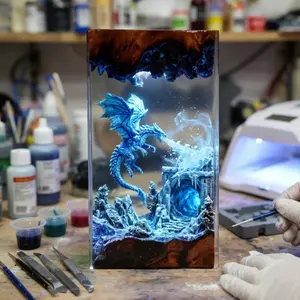 Fantasy Dragon Resin Art, Handmade Epoxy Resin Decor, Blue Ice Dragon Display Block, Fantasy Creature Collectible Gift, Resin Desk Decor