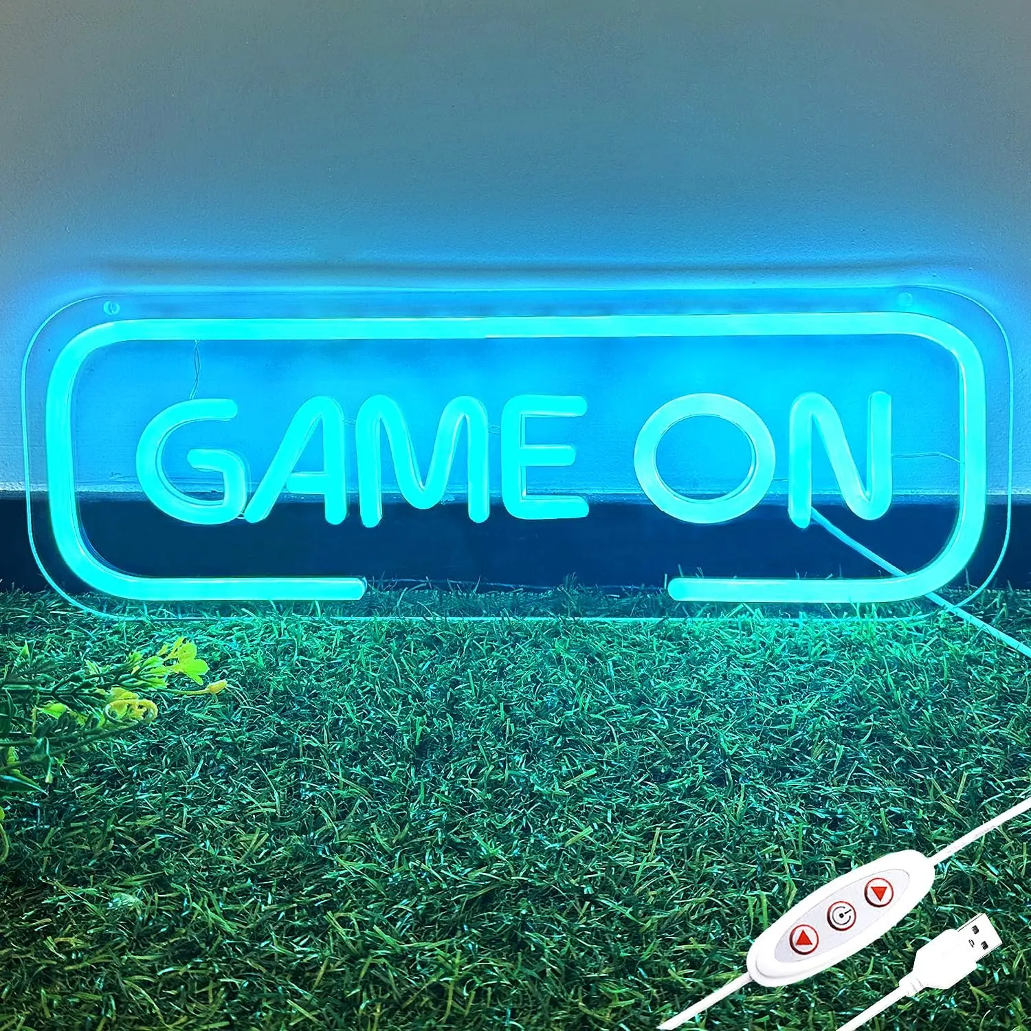 GAME ON Neon Sign - USB-Powered Dimmable Ice Blue LED Lights, Indoor Wall Decor for Game Room, Arcade Room, Gifts for Gamers