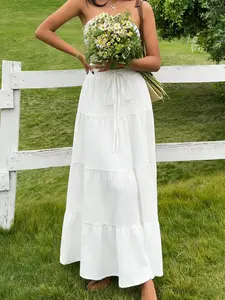 Ladies Solid Color Ruffled Maxi Skirt, Lightweight Crinkle Fabric Tiered Skirt, Elegant Outdoor Daily Outfit