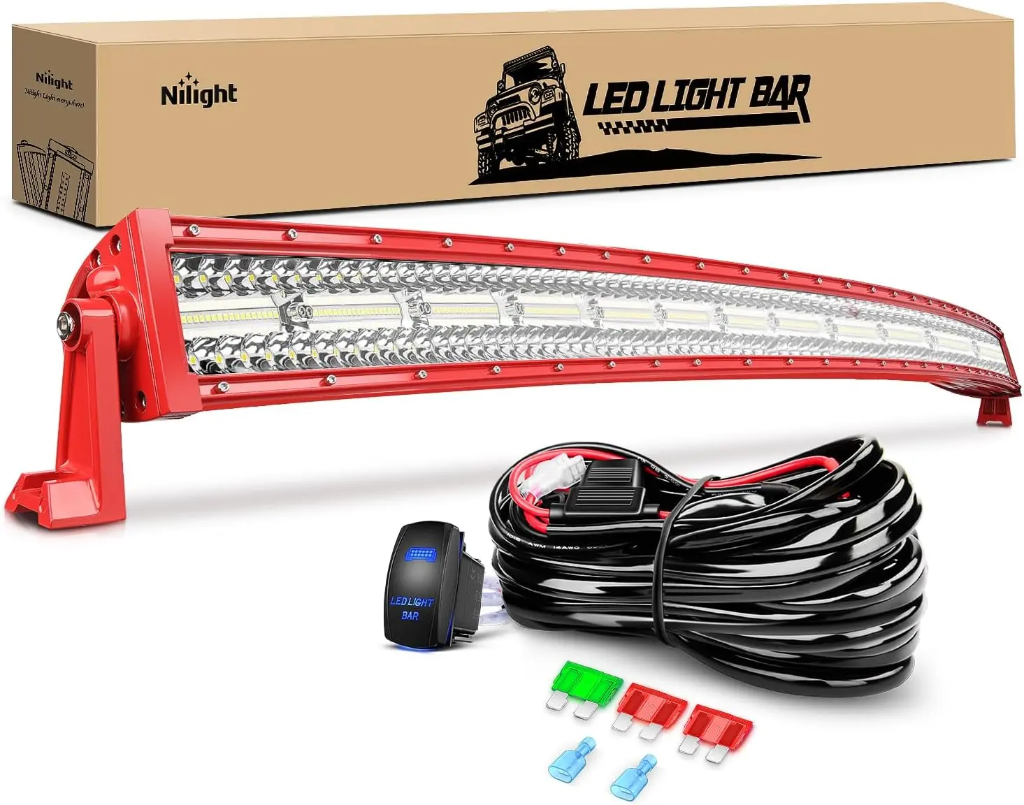 Nilight 50In Triple Row Red Shell Spot-Flood Combo LED Light Bar with Wiring Harness, Aluminum Alloy Offroad Lighting System with Heat Dissipation & Side Mount Kits for Trucks, SUVs