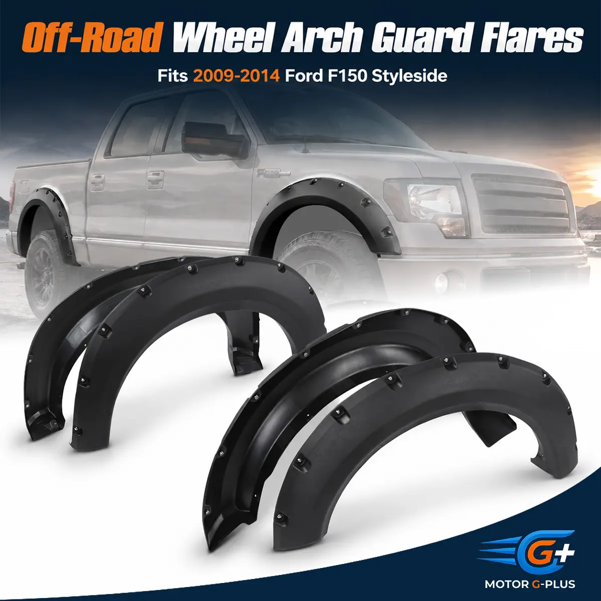 MOTOR GPLUS 4PC Black Pocket Rivet-Style Polypropylene Fender Flare Tire Guards, Off-Roading Styleside Car Exterior Accessories for 2009-2014 Ford F150 Trucks (Father's Day Gift), Protector, Includes Bolts