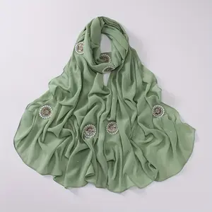 [Non-Stretch Polyester Hijab Scarf Glamorous] Glamorous Rhinestone Embellished Chiffon Hijab Scarf, Solid Color, Non-Stretch Polyester - Perfect for Ramadan