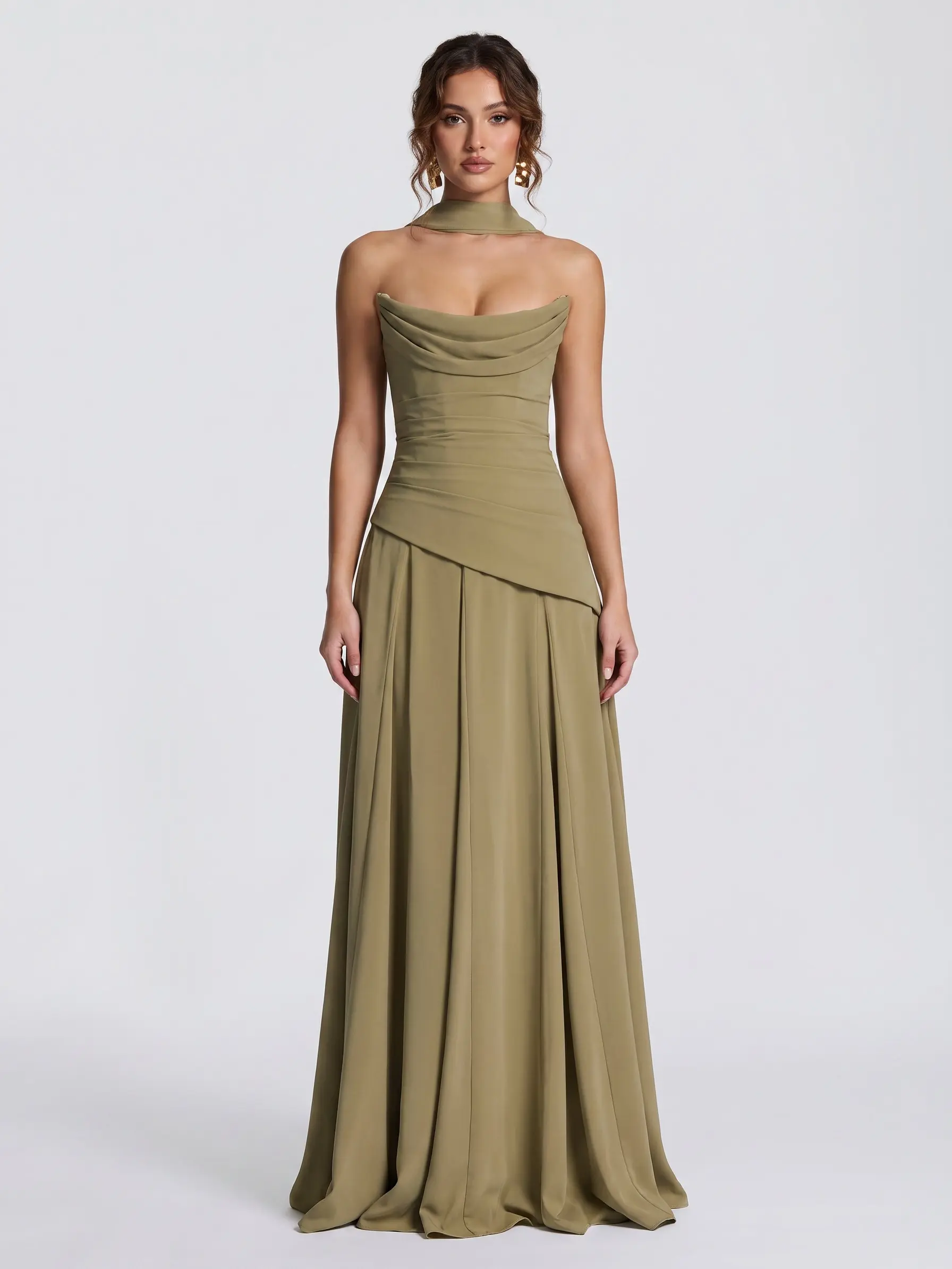 [New] Azazie Seraphine Pleated Cowl Corset Bodice Lace-Up Back Asymmetrical Maxi Wedding Guest Prom Formal Evening Chiffon Dress