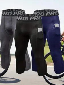 Men's 3pcs Plain Letter Tape Pocket Sports Capri Leggings, Quick Drying Breathable Compression Athletic Stretchable Leggings, Athletic Leggings for Gym Workout Running, Breathable Fitness Leggings