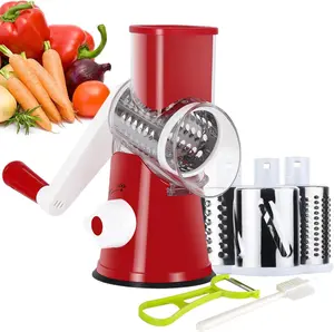 Rotary Cheese Grater with Handle Vegetable Shredder with 5 Well-designed Blades & Strong Suction Base, Round Mandoline Slicer & Food Chopper with Blade Storage Box (Red)