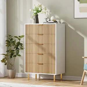 5 Drawer Dresser, Wood Chest of Drawers Organizer Storage with Gold Handle, Tall Storage Cabinet, for Bedroom, Living Room, Entryway, Oak Cupboard Furniture