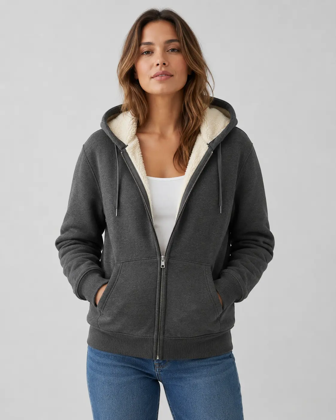 ZITY Women's Basic Solid Cotton Fleece Zipper Zip Up Hoodie Jacket - V-Neck, Long Sleeve, Medium Length, Thick Sherpa Lined, Polyester Blend, Winter Warm Casual Top, Imported, Ideal Gift