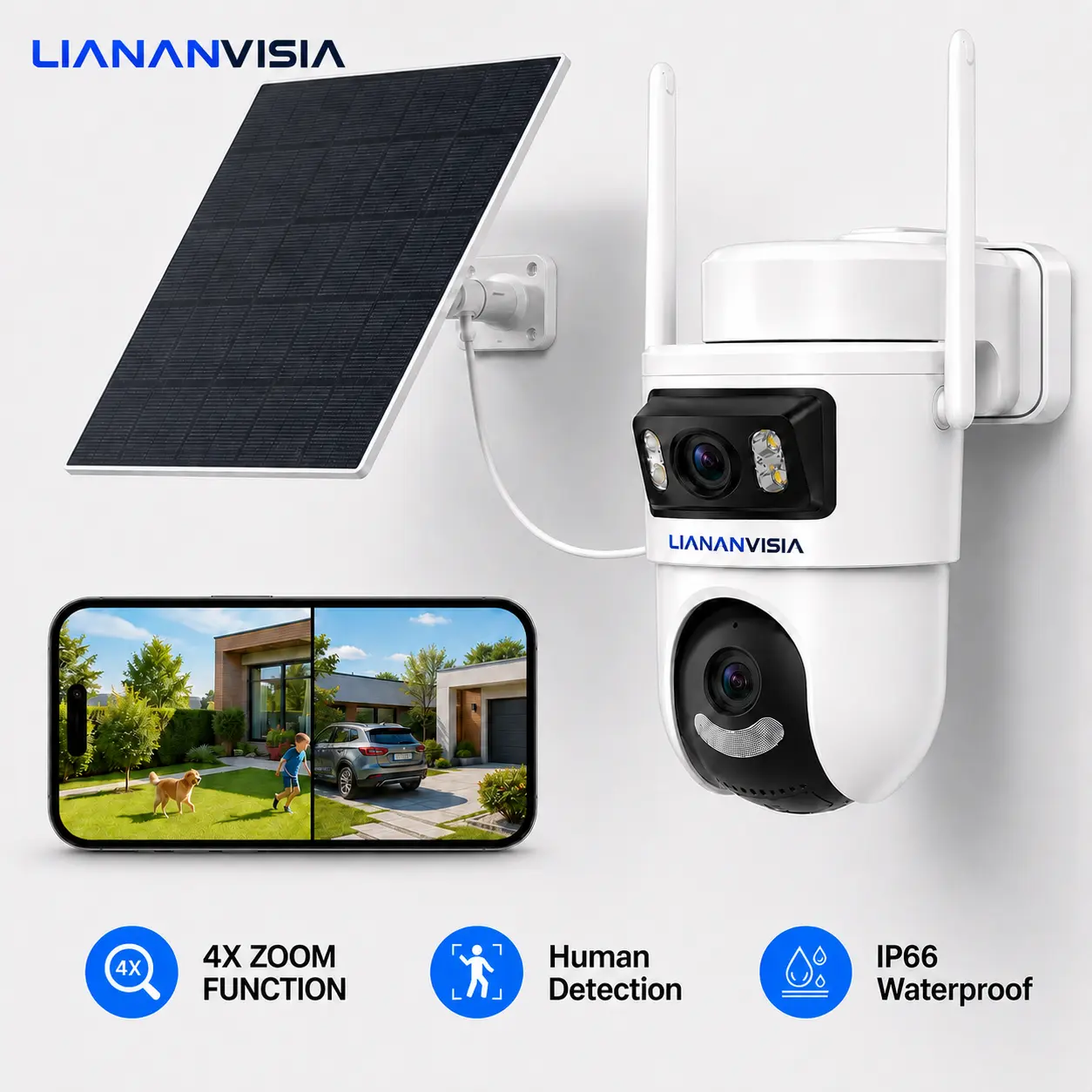 Outdoor Solar 4G LTE Security Camera, Dual-Lens Dual-View 2K PTZ Camera with Built-in SIM Card, No WiFi Needed, 355° Pan 90° Tilt, AI Human Detection, Auto Tracking, 2-Way Audio, Color Night Vision, IP66 Waterproof, Micro SD & Cloud Storage