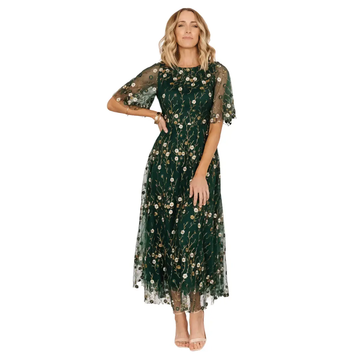 Arabella Embroidered Tulle Maxi Dress | Dark Green Floral