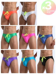 2/3/4 Pcs Random Color Men's Solid Triangle Activewear Swim Trunks, Quick Dry Professional Racing, Adjustable Drawstring, Essential for Diving & Swimming