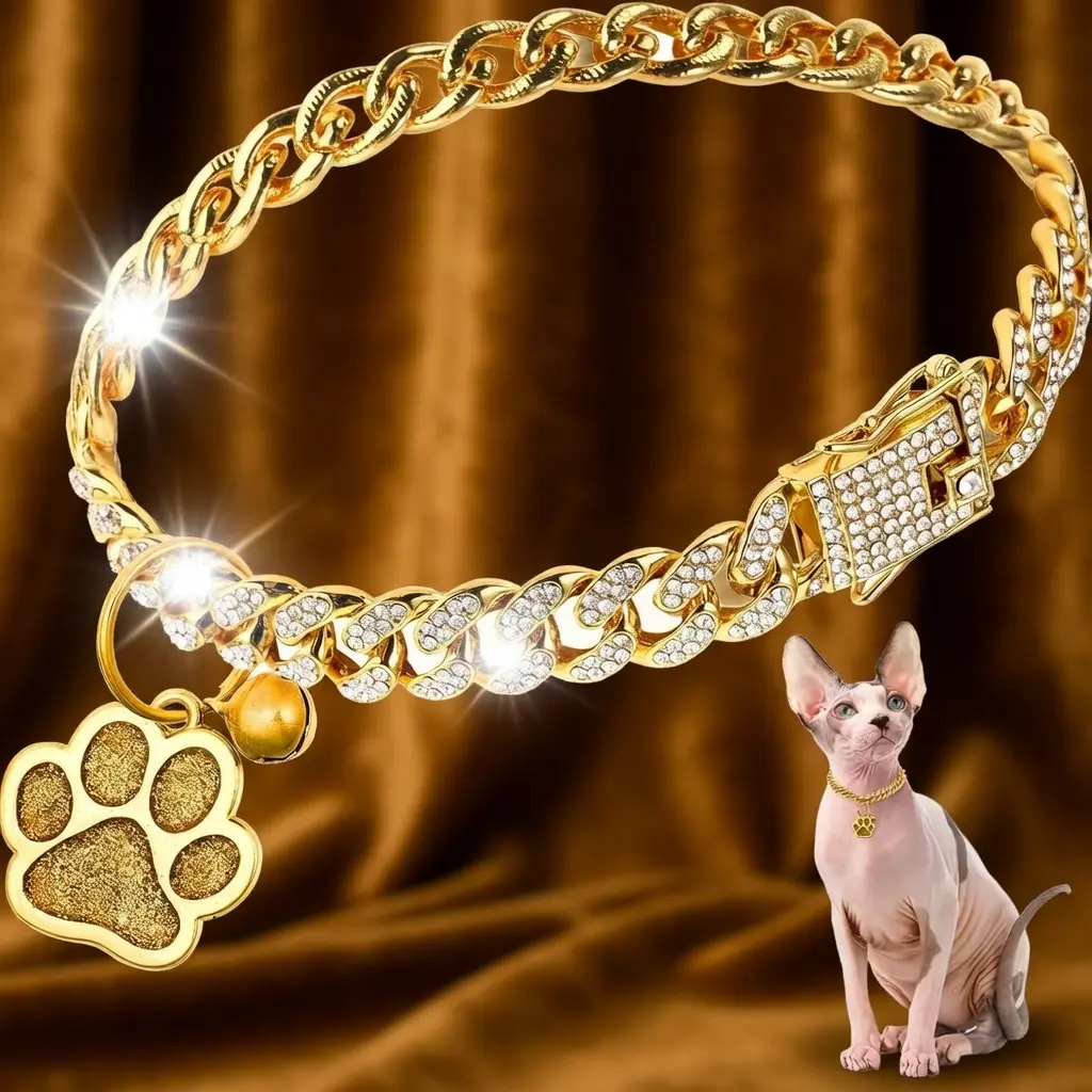 Diamond Glitter Cuban Link Cat Collar Trending 1 Piece Metal Chain Pet Necklace with Paw Charm ID Tag Bell Secure Buckle for Walking Small Cats Daily Party Pet Jewelry Gift campingessentials