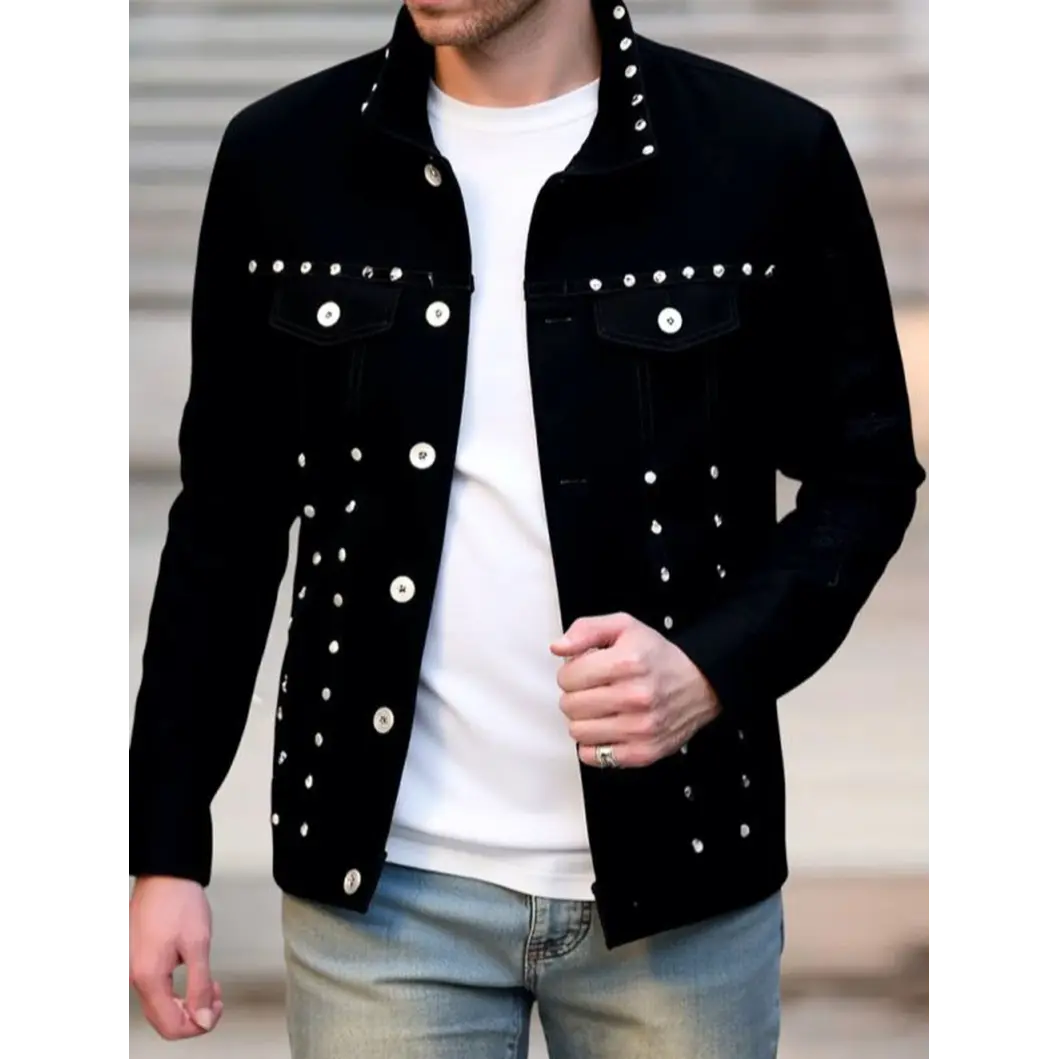 European and American men's denim jacket trendy brand high street heavyweight rivet trend men's denim jacket casual fashion men's top Long Sleeve Menswear