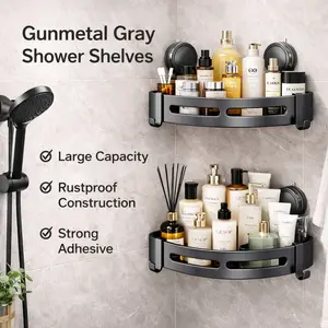3 Pack No-Drill Black Suction Corner Shower Caddy – 2026 New Strong Suction Cup Bathroom Organizer, Rustproof ABS Plastic Wall-Mounted Corner Shelf, Waterproof Space-Saving Storage for Shower, Kitchen & Countertop