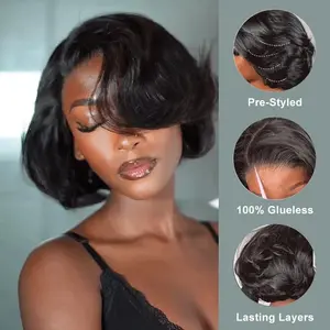 [New In] BGMgirl Blowout Short Bob Straight 7x5 Lace Wear Go Pre-Styled C Part Design Wig Pre-Bleached Tiny Knots Natural Black & Brown Highlight Glueless 100% Human Hair Wig Fashion Look Colored Wig Summer Style #mothersdaygift #SummerVibes