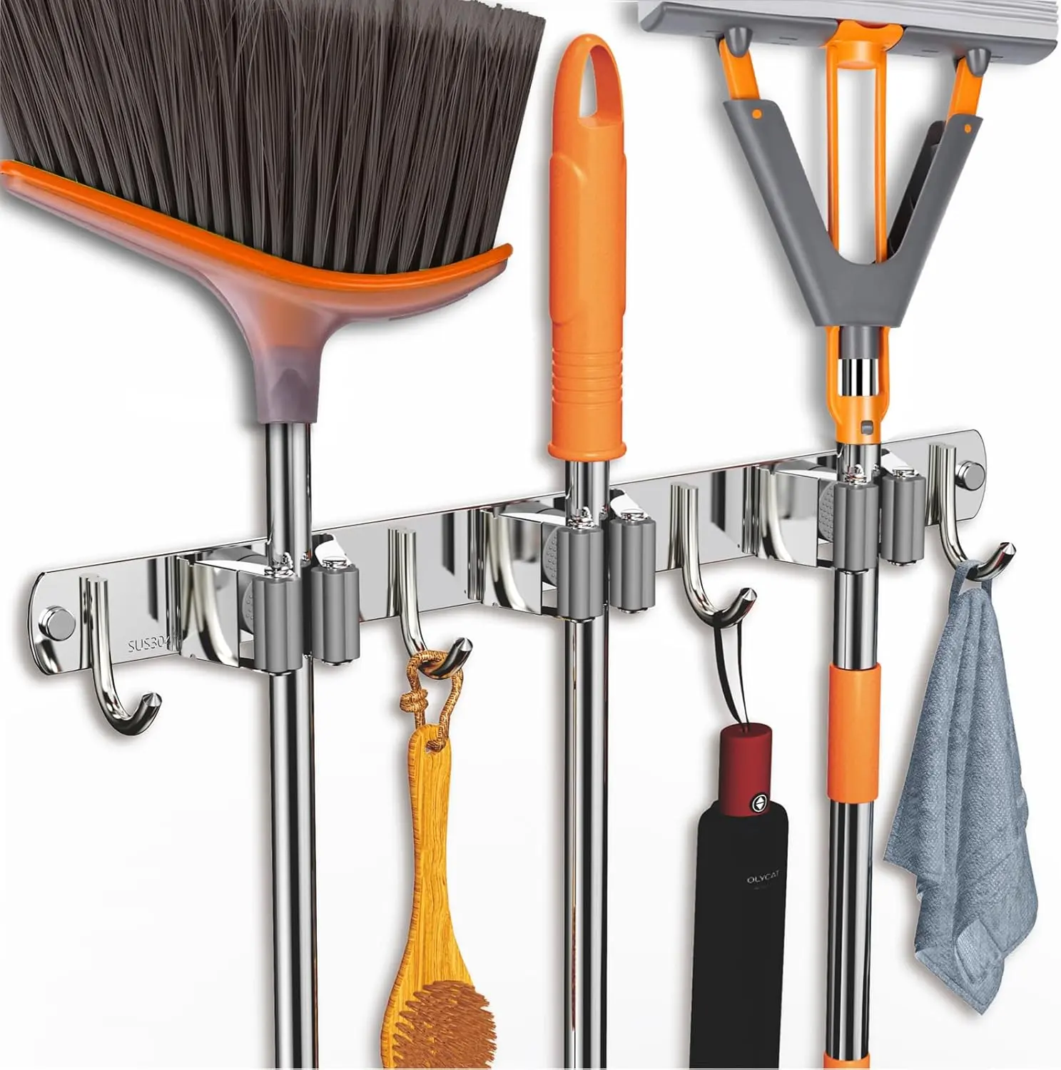 Mop and Broom Holder Wall Mount Upgraded Broom Organizer Stainless Steel Hanger for Home Kitchen Garden Laundry Garage 3 Holders and 4 Hooks Easy Installation Set
