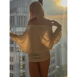 Women's Solid Off The Shoulder Sheer Ruched Dress, Fashion Casual Long Sleeve Mini Dress for Party Club Holiday,  Lady Formal Fit Apricot