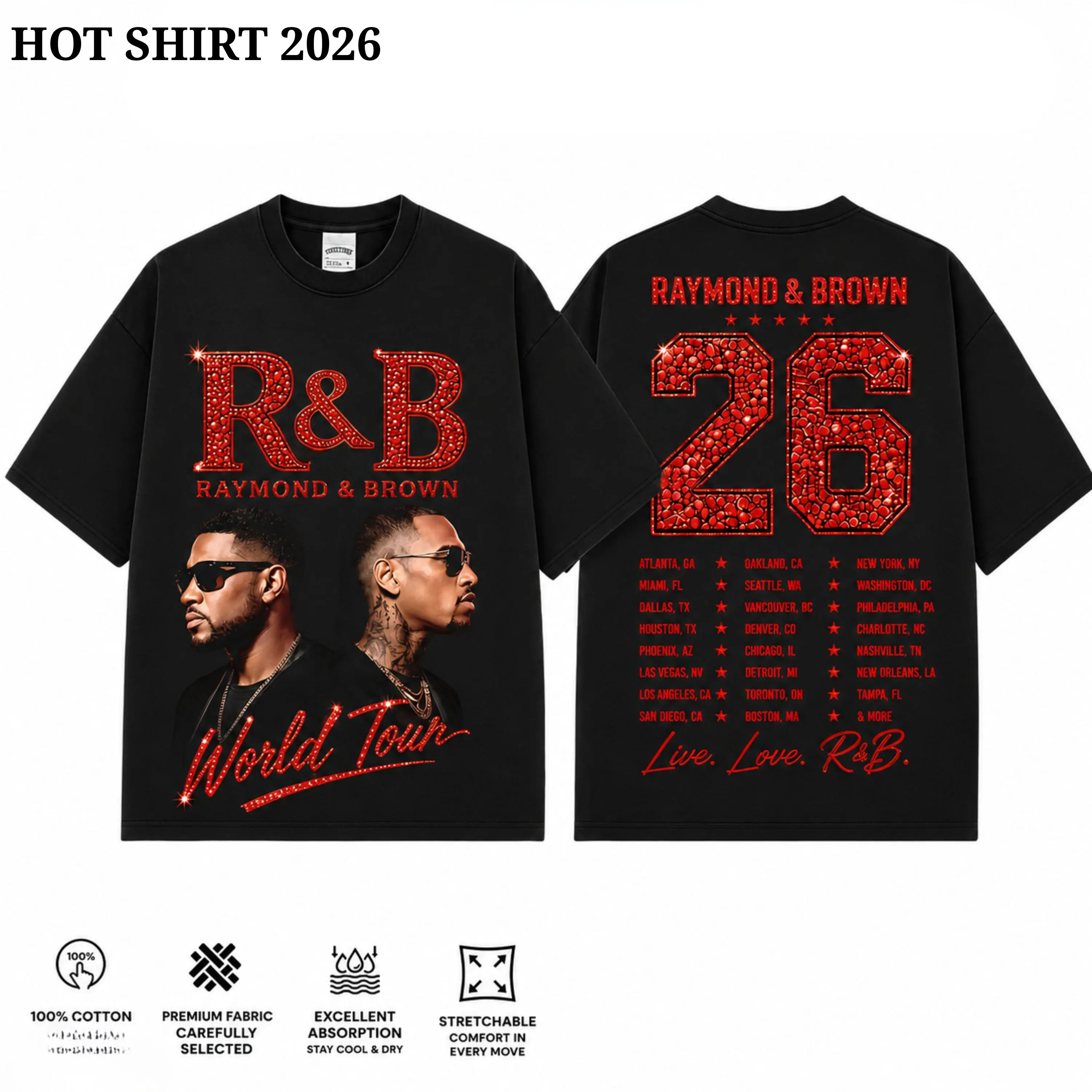 Ch.Brown Usher Raymond The R&B Tour 2026 Unisex Tee , GILDAN T-SHIRT, cotton 100%