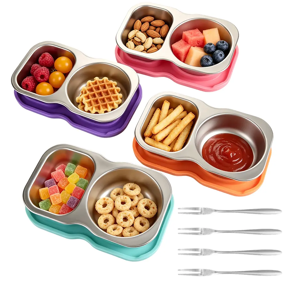 4 Pack Stainless Steel Snack Containers with Lid, Salad Dressing Container To Go,2-Compartment Small Condiment Container with Leak Proof Silicone Lid, Perfect Size Reusable Sauce Cup Snack Box