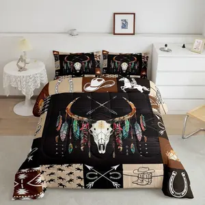Western Comforter Set,Country Cow Bedding Sets,Southwest Longhorn Skull Bedding Set,Cowboy Cowgirl Boho West Southwestern Ethnic Comforter
