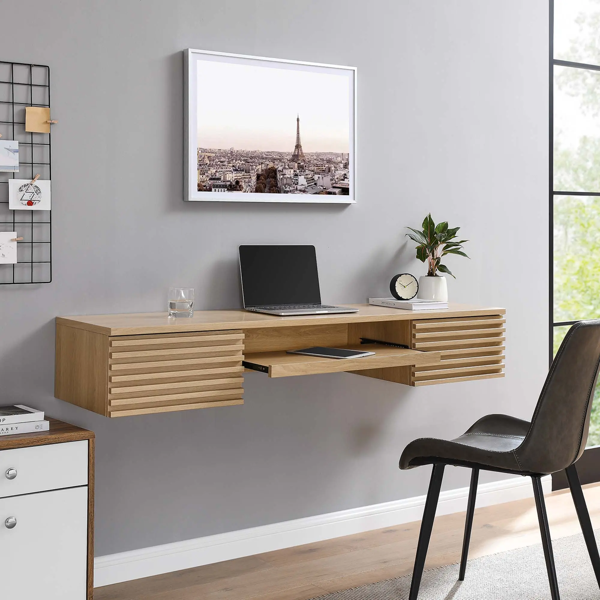 Modway Render Wall-Mount Oak Wood Home Office Desk, Durable Sturdy Computer Desk with Storage Drawer Platform, Cable Management Hole, 228 lbs Weight Capacity, Assembly Required Space Saver for Home Office, Home Office Desks, Wood Drawers
