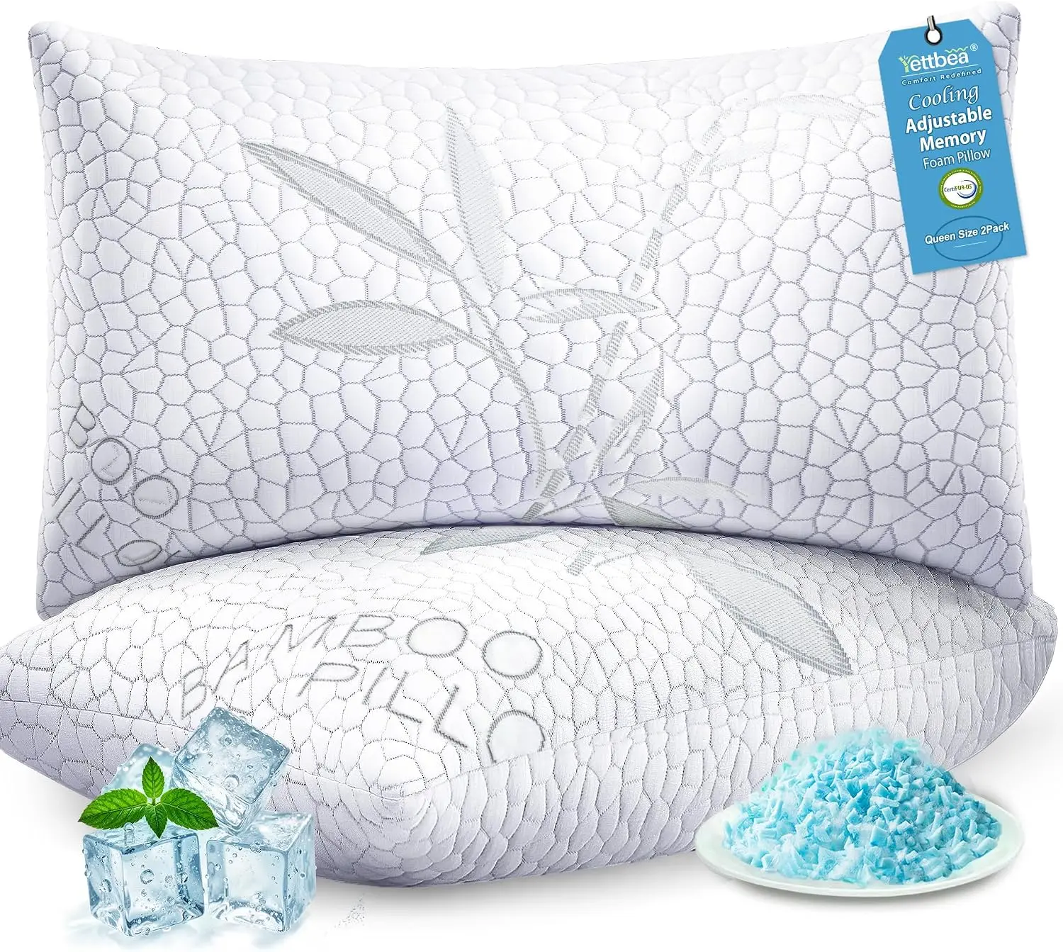 Yettbea Size-Adjustable Shredded Memory Foam Pillows (Set of 2), Luxury Bamboo Fiber Standard Pillows with Washable Zippered Covers, OEKO-TEX Certified Cooling Bedding with Mesh Points for Neck Pain Relief, Side/Back/Stomach Sleepers, Dual-Sided, Cozy Bed